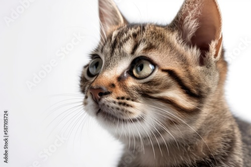 Close up of an adorable cat turning its head. Copy space isolated on white. Generative AI © AkuAku