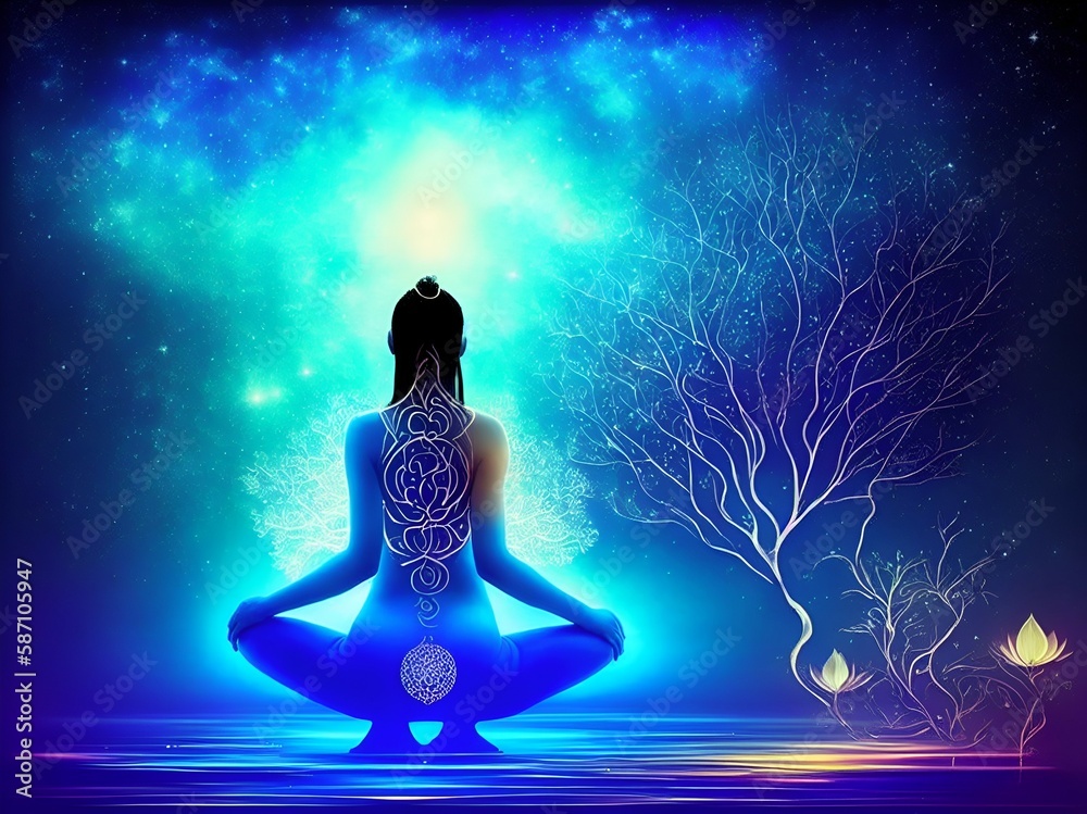 Silhouette of a woman meditating, sitting  in yogi in lotus position, blue background, Generrative AI