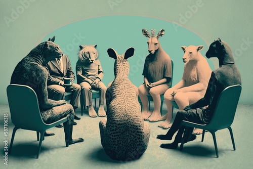 Animals sit in a circle at anonym alcoholic meeting, created with Generative AI technology photo