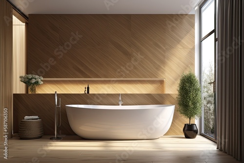 Interior of a luxurious bathroom with oak walls that are tiled and a white bathtub in the corner. a mockup. Generative AI