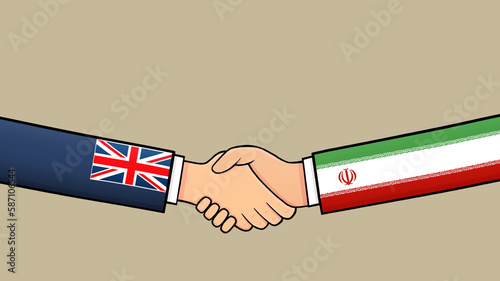Agreement between Iranian and United Kingdom politics Illustrations with country flags. 