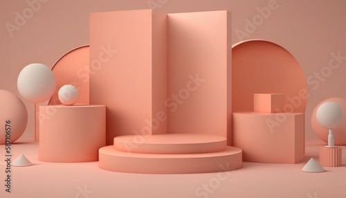 Empty podium, mock up placement display, blank beauty stand for cosmetic product fashion ads on minimal pink background. Luxury pedestal stage mockup scene platform ai generative concept. © Synthetica