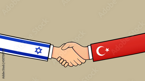 Agreement between Turkey and israel politics Illustrations with country flags. Representatives of the Turkey and israel flag,  shake hands Cartoon. Business handshake concept. Flat Design.  