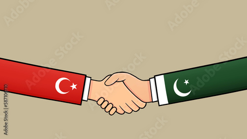 Agreement between Turkey and Pakistan politics Illustrations with country flags. Representatives of the Turkey and Pakistan flag, shake hands Cartoon. Business handshake concept. Flat Design.  