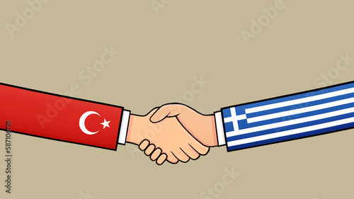 Agreement between Turkey and Greece politics Illustrations with country flags. Representatives of the Turkey and Greece flag,  shake hands Cartoon. Business handshake concept. Flat Design