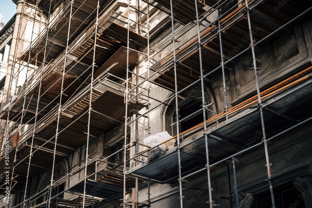 Old building under construction with cranes. Generative AI Old building under construction with cranes. Generative AI