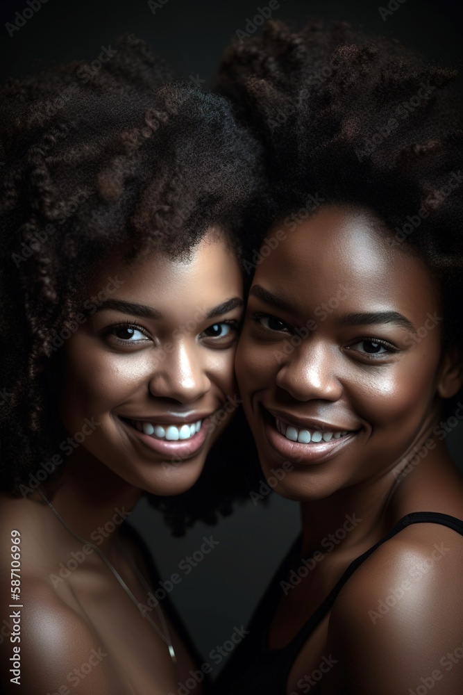 Young beautiful African women smiling and looking at camera. Studio shot. Generative AI vertical shot Young beautiful African women smiling and looking at camera. Studio shot. Generative AI vertical shot