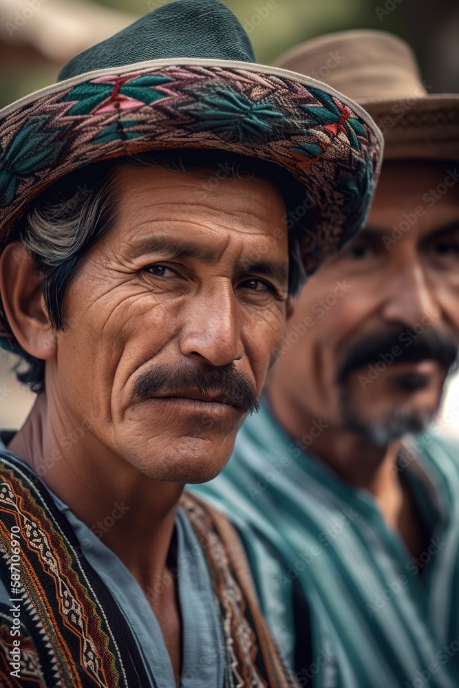 Mexican man from small town looking at camera wearing traditional clothes. Generative AI vertical shot
