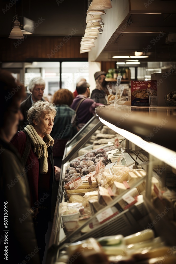 Matured woman doing grocery shopping in delicatessen store. Generative AI vertical shot