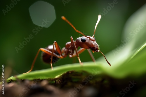 Red ant posing on green leaf macro shot photography. Generative AI