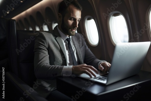 Businessman working on laptop on private flight. Generative AI © Pajaros Volando