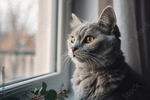At home, a gray kitty sits on the windowsill. Generative AI