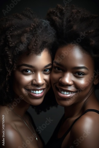 Young beautiful African women smiling and looking at camera. Studio shot. Generative AI vertical shot