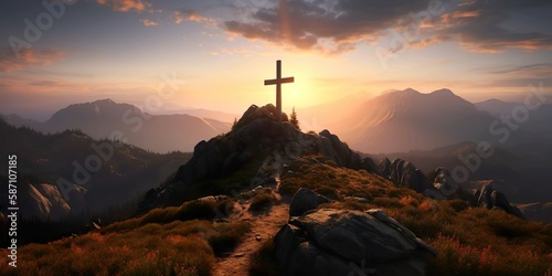 a cross standing tall over a scenic mountain range during sunset created with generative AI tools