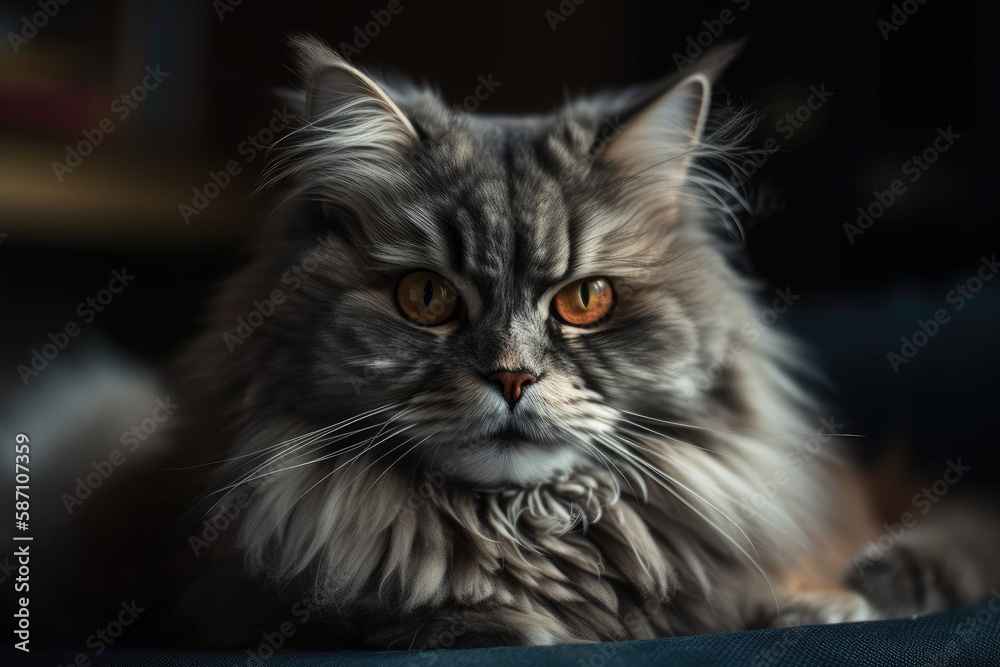 Gray fluffy cat curled up on the couch. Close up of a cat. Generative AI