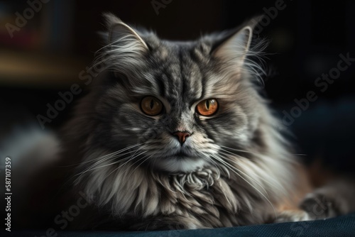 Gray fluffy cat curled up on the couch. Close up of a cat. Generative AI © AkuAku