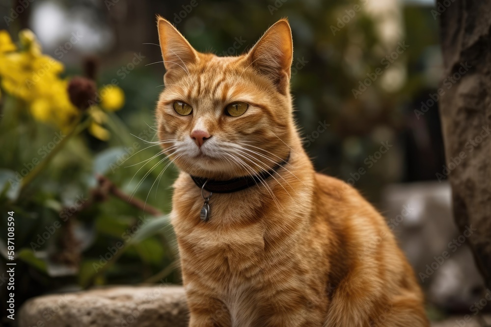 Beautiful ginger cat in garden portrait. Generative AI
