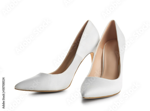 Pair of high heeled shoes on white background