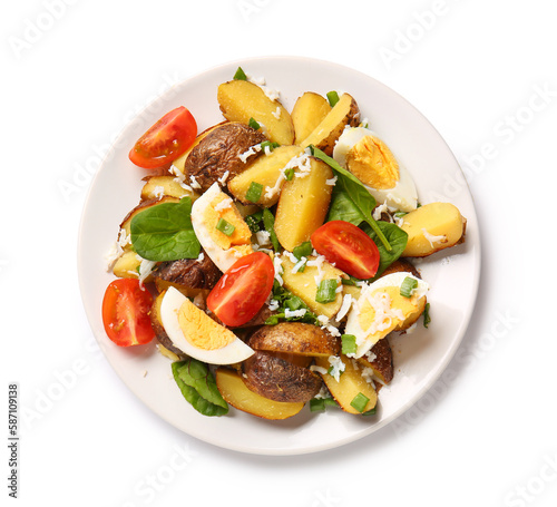 Plate of tasty potato salad isolated on white, top view