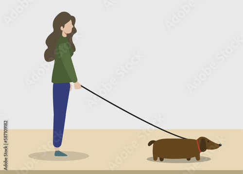 Walking dog in the park with a young lady. The woman and the dog isolated from background. Woman silhouette and dog walking around. vector.