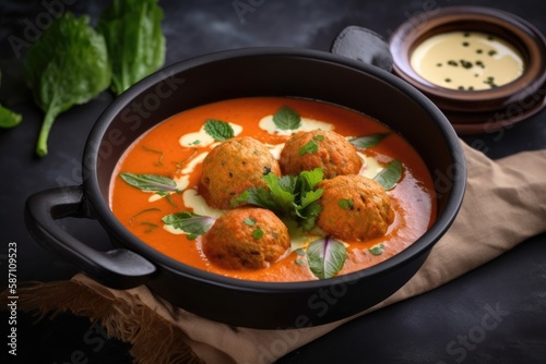 Malai kofta, traditional indian dish, vegetarian dumplings made of paneer and vegetables and creamy tomato based sauce. AI generative photo