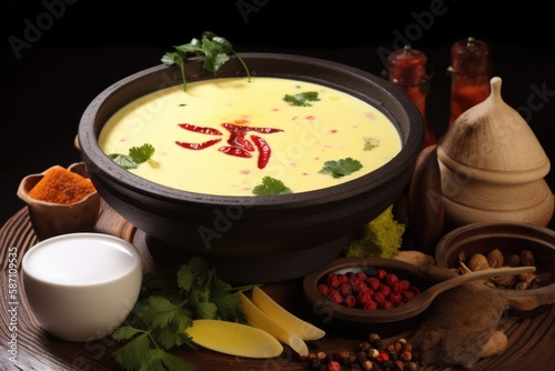 Kadhi, popular indian dish made with yogurt and gram flour. Healthy comfort local food. AI generative photo