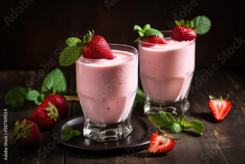 Strawberry lassi, traditional indian drink made of yogurt , strawberries, milk and honey. Healthy local food concept. Ai generative