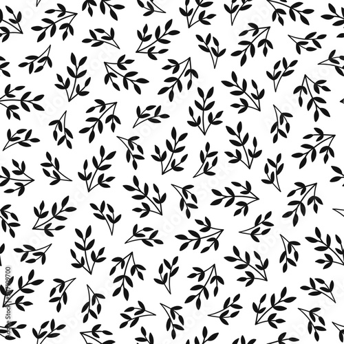 Black and white floral seamless pattern with hand drawn leaves silhouettes. Nature minimalist wallpaper. Simple doodle plants or garden theme background. Vector illustration on white background.