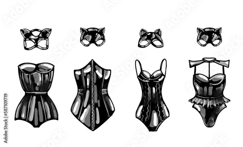 latex cat and rabbit mask. black latex. female corset. fetish