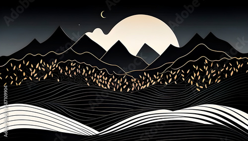 mountain landscape in minimalistic line art, generative ai © Yuliia