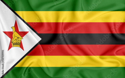 Zimbabwe flag waving with the wind, wide format, 3D illustration rendring. Design with satin fabric. to be used for educational purposes or for illustrations of videos or vlogs.