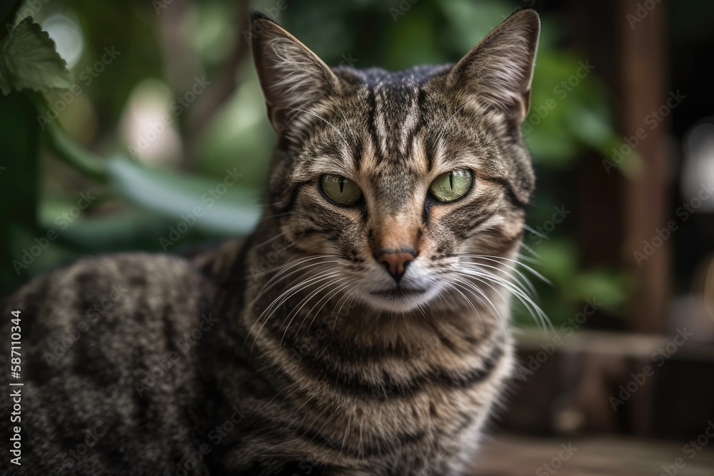 In the garden, a stray brown tabby cat with green eyes directs its gaze at the camera. up close. Generative AI