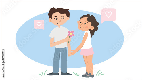 Couple illustration with giving flower and staring themselves with love. Valentine's day gift concept.