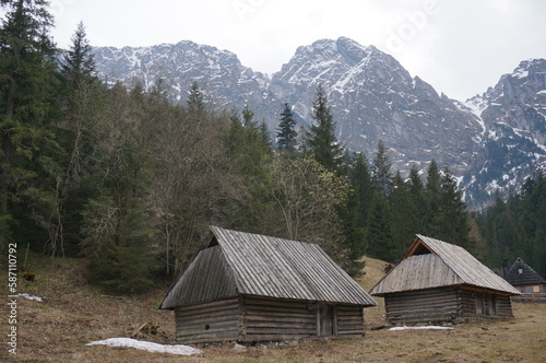 Wooden huts in Strazyska Valley (Dolina Strazyska). Zakopane Tatra National Park, Poland.