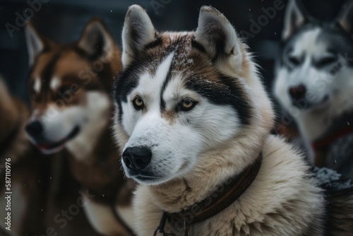 Beautiful sled dogs and huskies wait in the cold. Generative AI