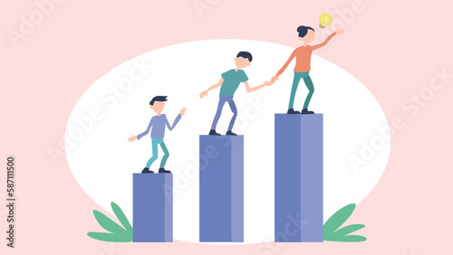 Vector illustration for teamwork, cooperation concept, Employees giving hands and helping colleagues to walk upstairs.