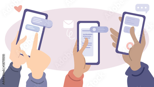 Hands holding a phone receive and send messages. Communication Concept Vector. 