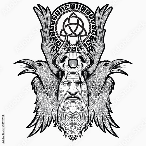 Scandinavian god Odin in viking helmet with two ravens black and white illustration 