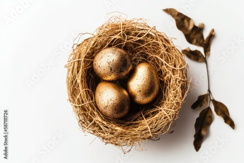 three eggs in a nest on a plain white background. Generative AI