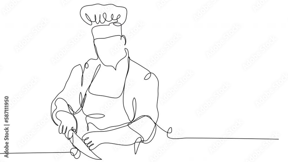 Self-drawing of a chef with a knife in one line on a white screen. The concept of cooking in a restaurant in 4K with an alpha channel. Stock video with a minimalist chef. Self-drawing of a chef with a knife in one line on a white screen. The concept of cooking in a restaurant in 4K with an alpha channel. Stock video with a minimalist chef.