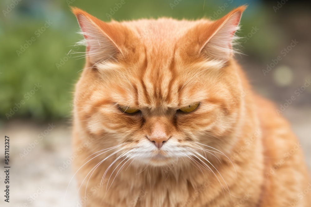 Portrait of an angry unhappy red tabby cat. Generative AI