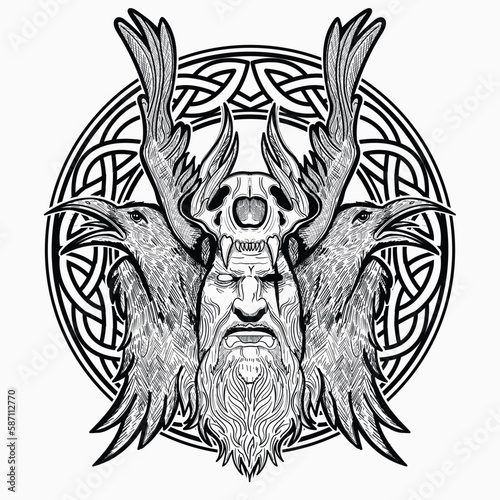 Scandinavian god Odin in viking helmet with two ravens black and white illustration 
