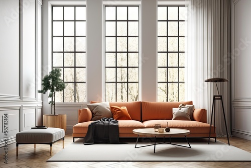 Nice contemporary room interior. Vibrant, clean design. A wall backed sofa near a wide window. Generative AI © AkuAku