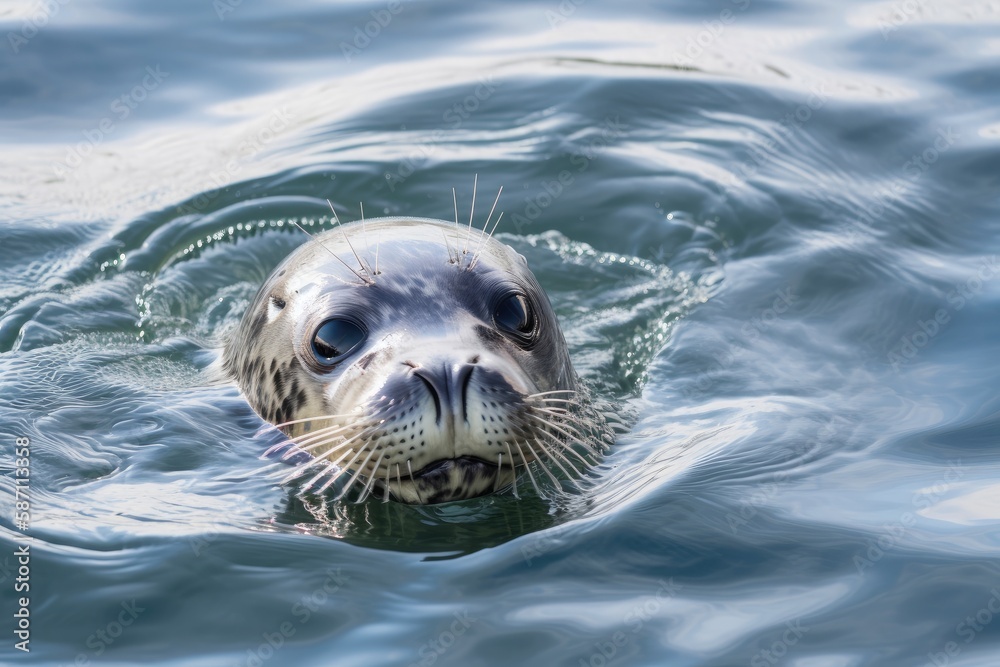 Fototapeta premium A young grey seal (Halichoerus grypus) swimming with its head above the water. Generative AI