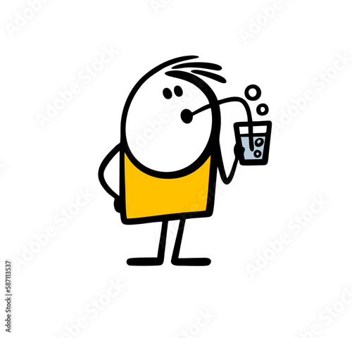 Cartoon boy in cafe drinks carbonated lemonade from a glass through a straw, seethes and blows bubbles.