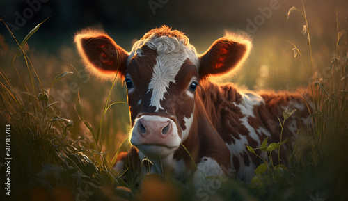 Generative AI. Baby cow sitting on a field with green grass in the summer photo
