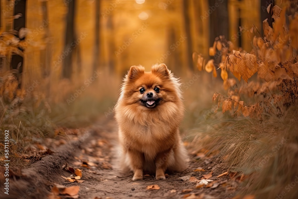 Picture of a ginger Pomeranian dog against an autumnal landscape. Generative AI