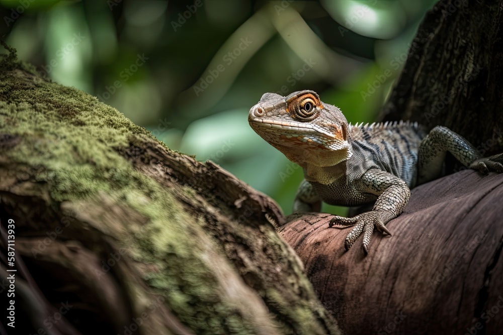 Lizard perched on an old tree near the beach in Quepos, Costa Rica's lovely Manuel Antonio Puntarenas National Park. Generative AI