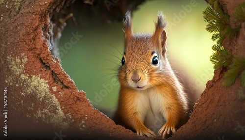 Gorgeous natural European red squirrel (Sciurus vulgaris) on a tree, facing the camera. Generative AI photo