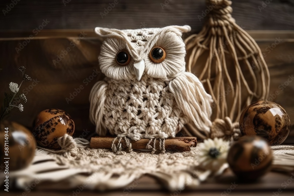 Obraz premium Baby Owl cotton cord macrame wall art for kids' rooms. Generative AI